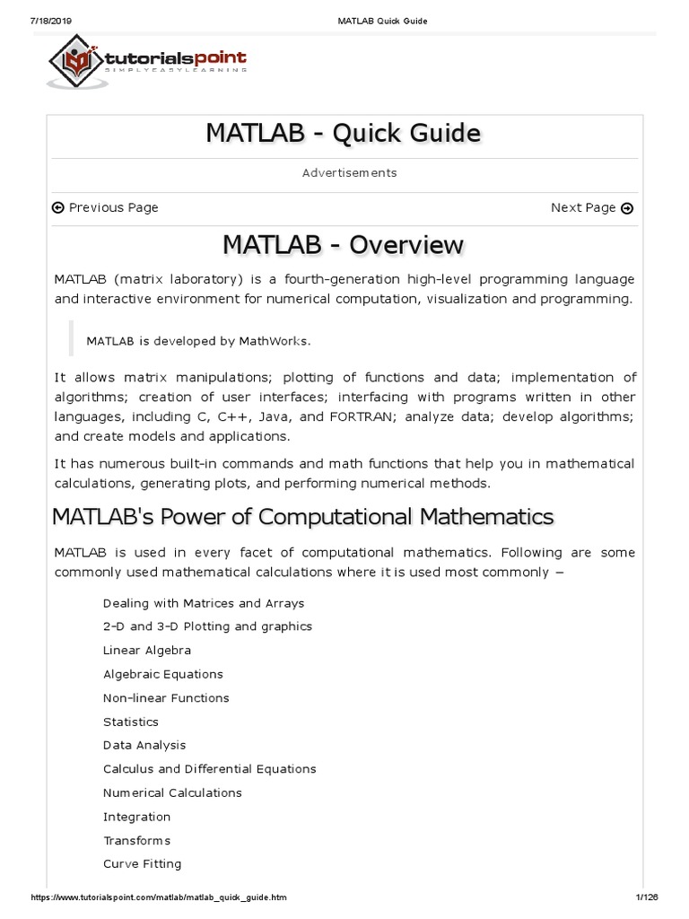 MATLAB Quick Guide | PDF | Matlab | Numerical Analysis