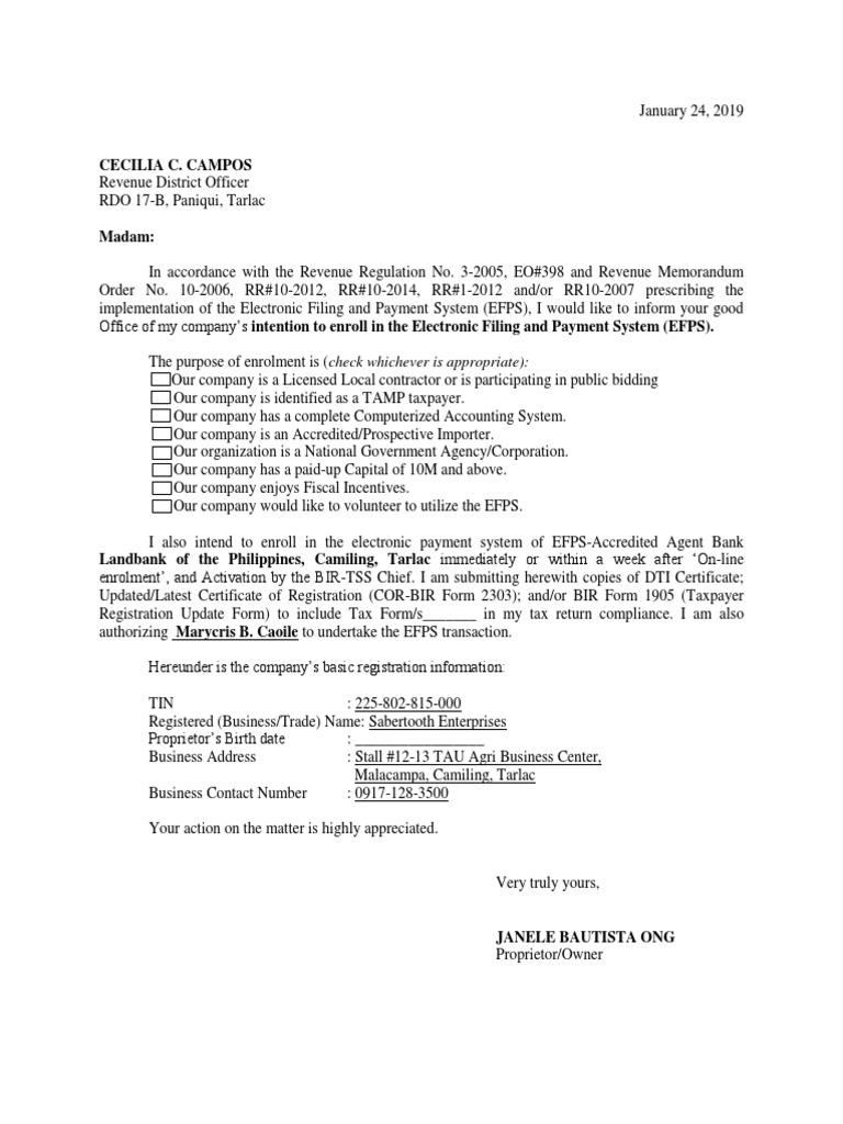 Intent to Enroll in EFPS | PDF
