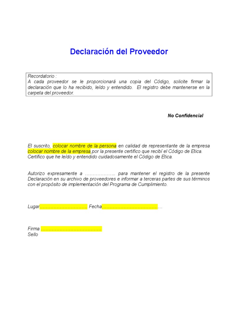 Declaración del Proveedor No Confidencial