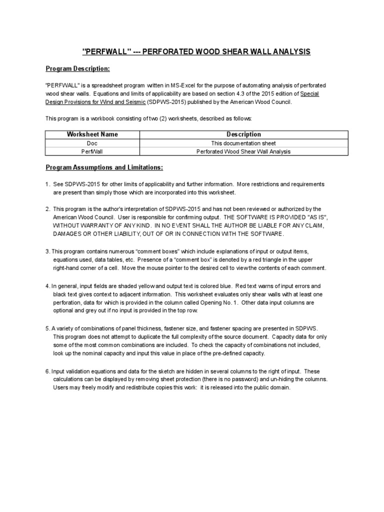 "Perfwall" Perforated Wood Shear Wall Analysis Program Description