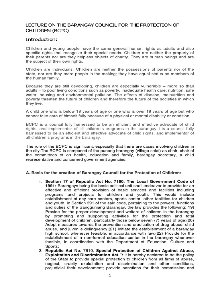 BCPC: Advocating Child Rights in Barangays | PDF | Child Protection ...