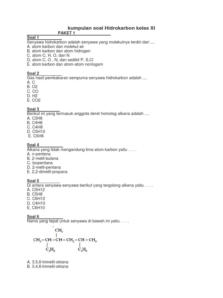 Kumpulan Soal Hidrokarbon Kelas Xi
