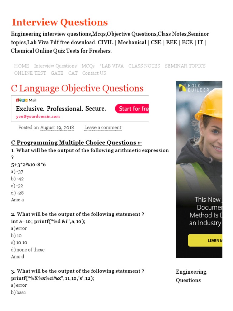 300+ REAL TIME C Language Objective Questions & Answers | PDF | C ...