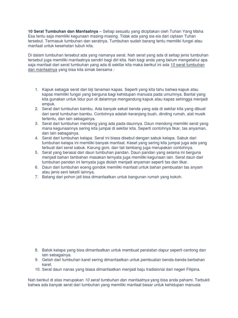10 Serat Tumbuhan Dan Manfaatnya Pdf