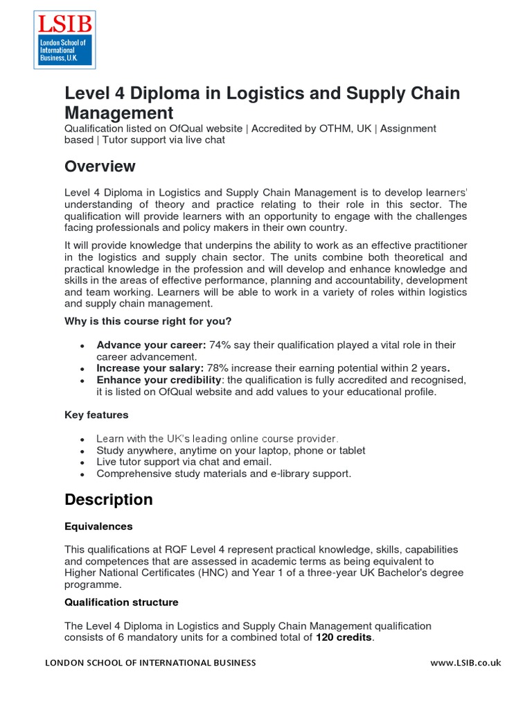 Level 4 Diploma in Logistics and Supply Chain Management | PDF ...