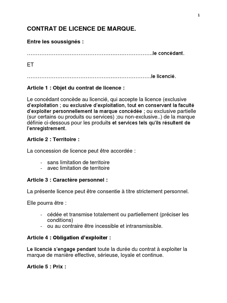 Exemple Contrat De Licence De Marque Pdf Arbitrage Loi Commune