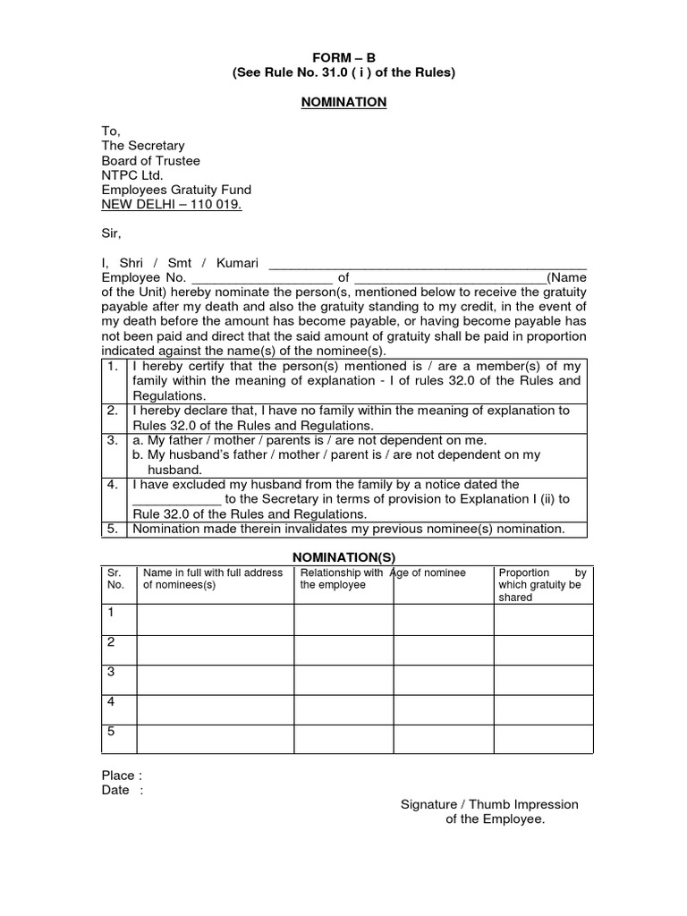 Form - B (See Rule No. 31.0 (I) of The Rules) Nomination | PDF ...