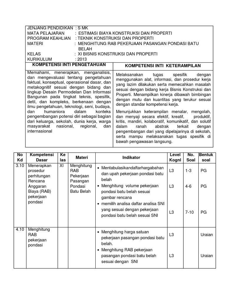 Contoh Soal RAB Konstruksi SMK | PDF