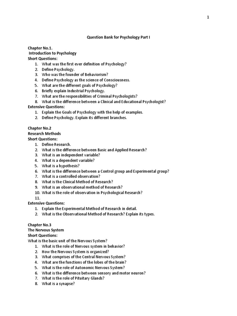 Psychology Question Bank Part I | PDF | Perception | Emotions