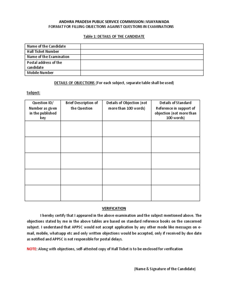 APPSC Exam Objection Submission Format | PDF