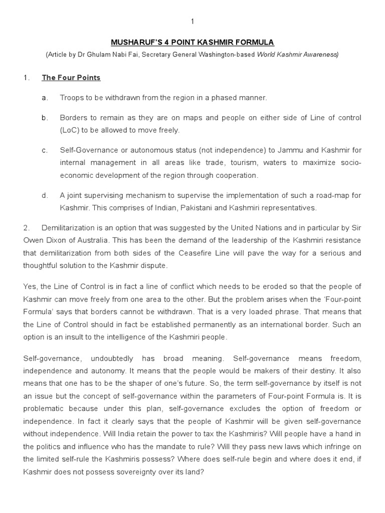Musharraf's 4-Point Kashmir Proposal | PDF | Kashmir | International ...