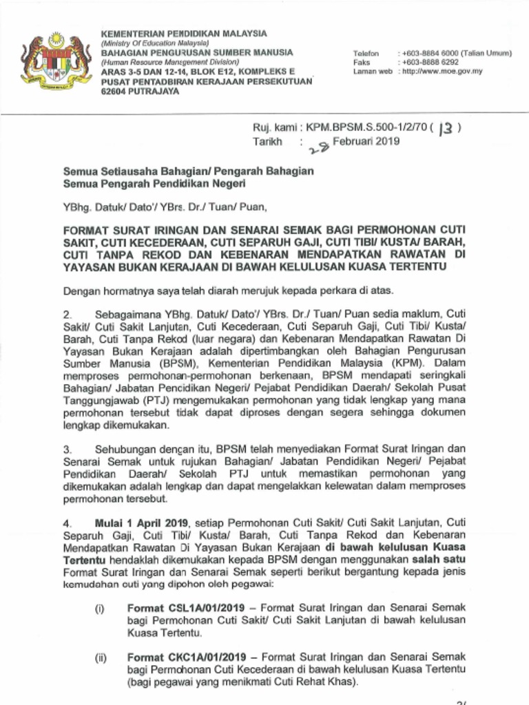 Surat Edaran Contoh Surat Iringan Dan Senarai Semak Permohonan Cuti Pdf