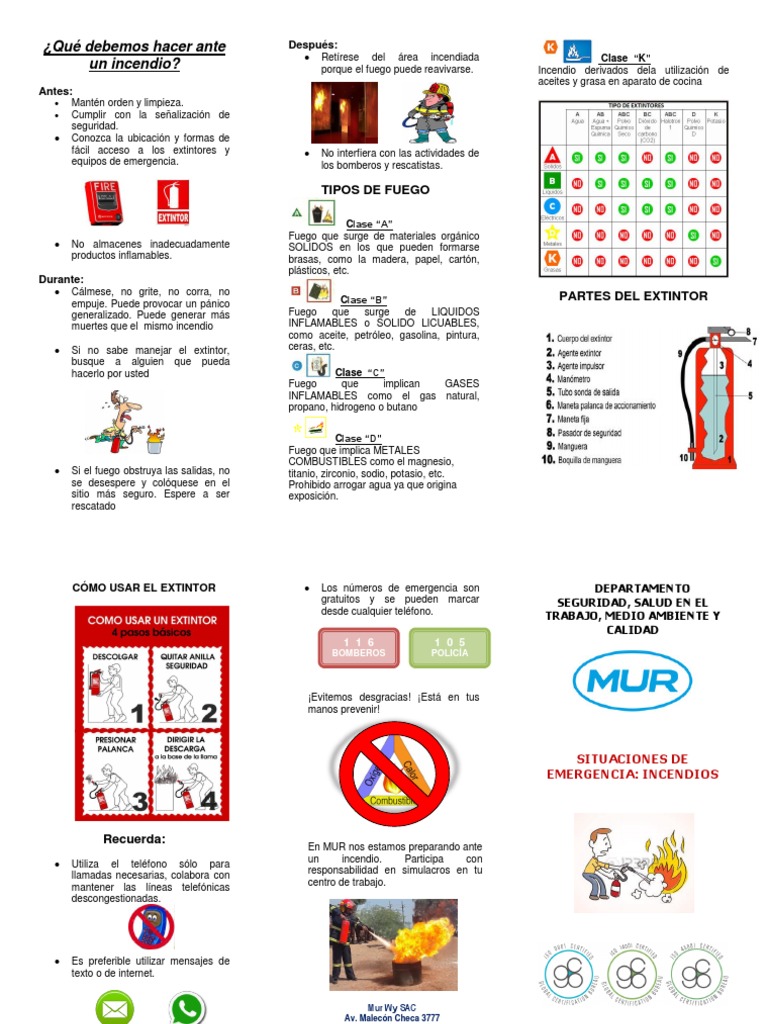 Triptico de Que hacer en caso de un incendio - MUR WY SAC.pdf | Potasio