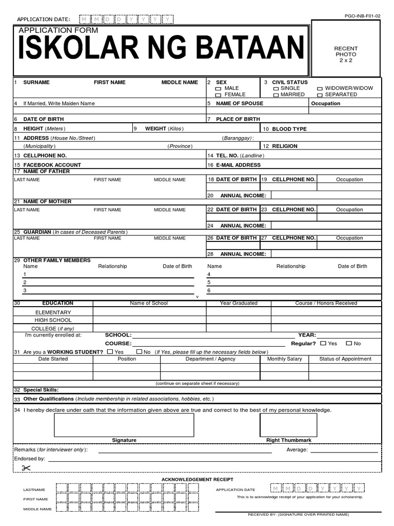 Iskolar NG Bataan Application Form PDF | PDF | Social Institutions ...