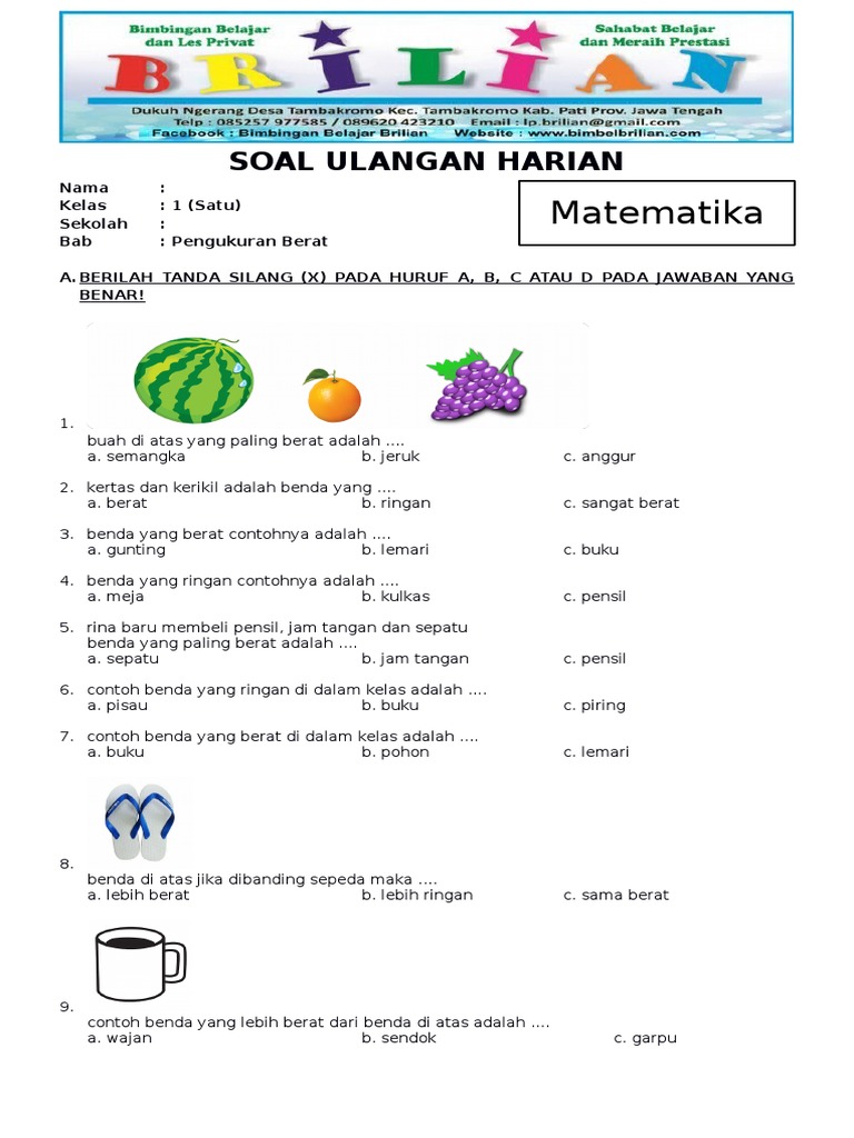 Soal Matematika Kelas 1 SD Bab 7 Pengukuran Berat Dan Kunci Jawaban