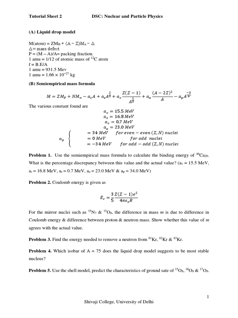 Nuclear Physics Tutorial Sheet | PDF | Atomic Nucleus | Particle Physics