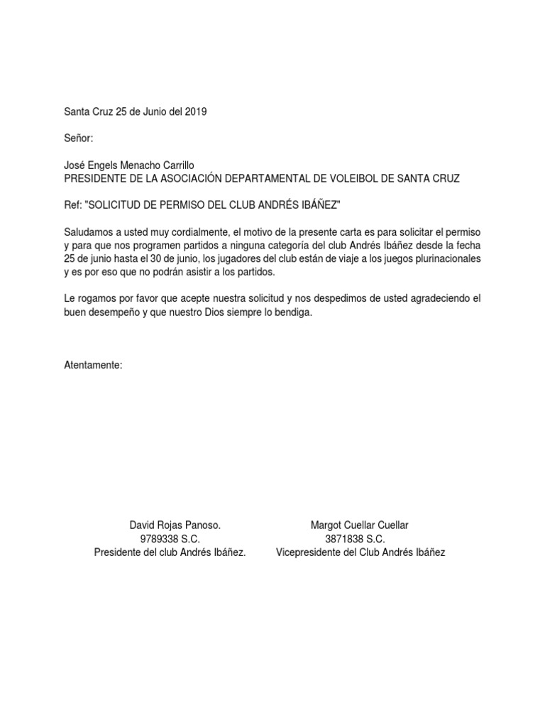 Carta de Permiso de Un Club Deportivo | PDF | Deportes y actividades al  aire libre, image size:768x1024