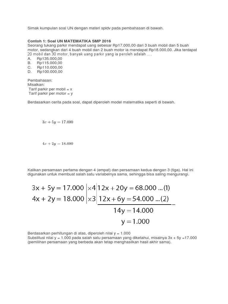 Kumpulan Soal Un Dengan Materi Spldv Dan Pembahasan
