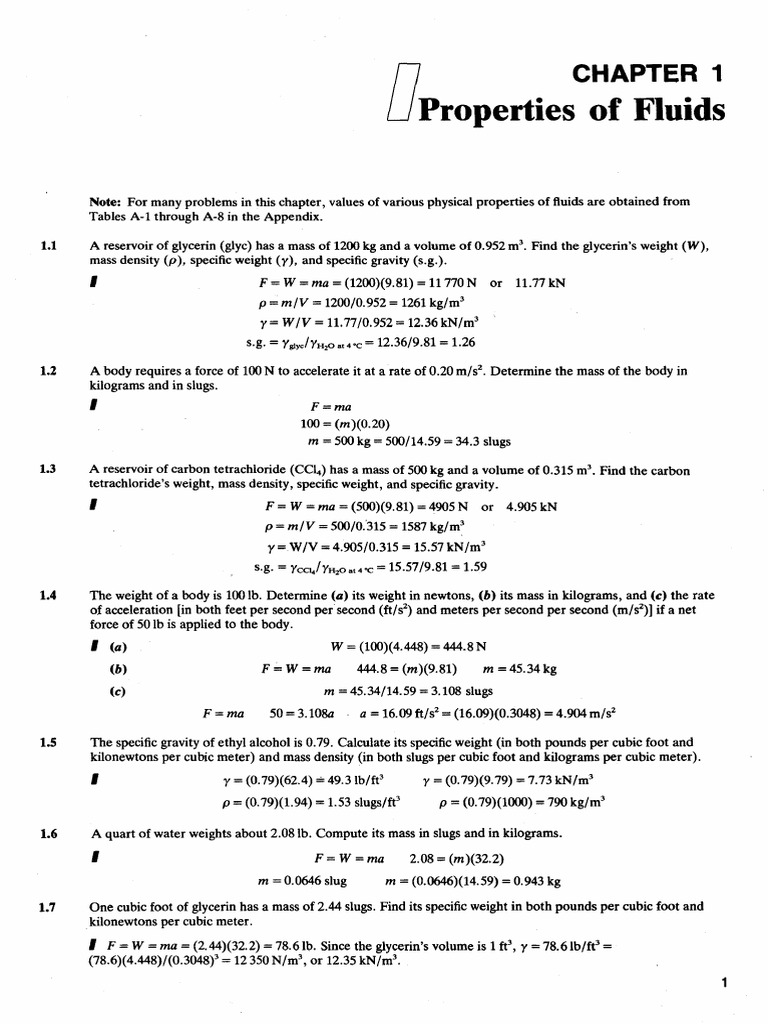 Solved Problems In Fluid Mechanics Chapter 1 Fluid Properties