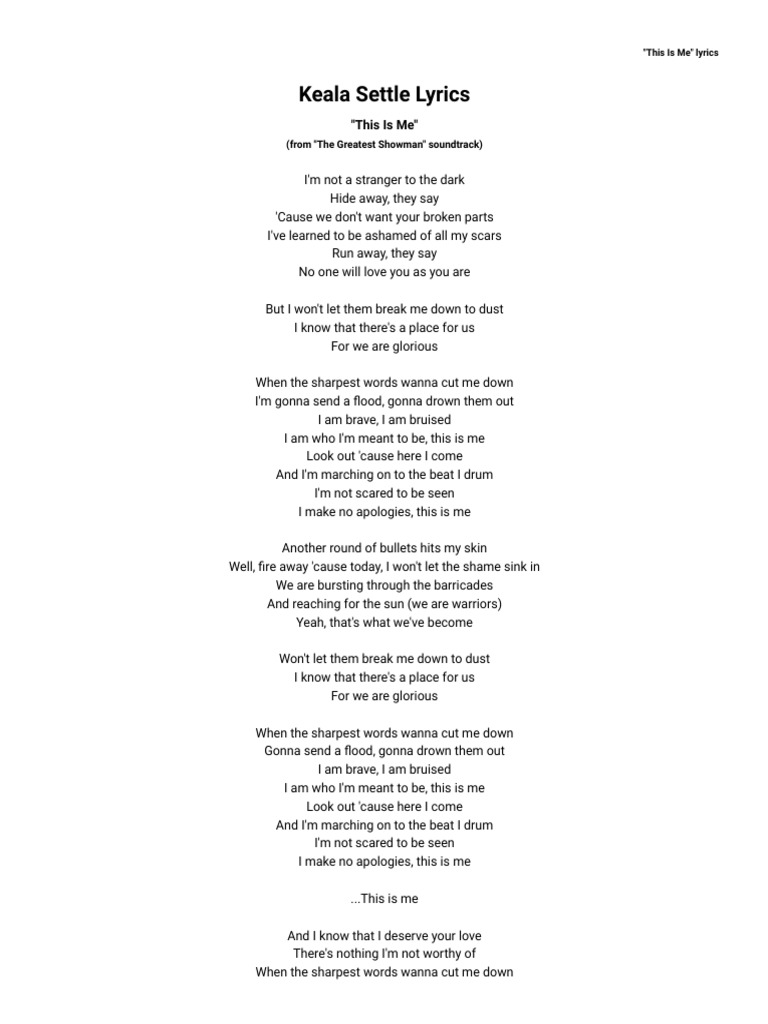 Keala Settle This is Me Lyrics _