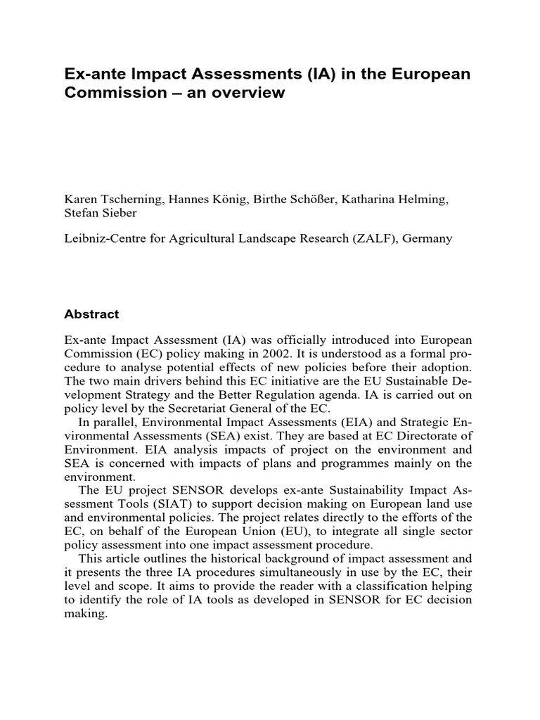 ExAnte Impact Assessments (IA) in The European Commission An Overview PDF Sustainable
