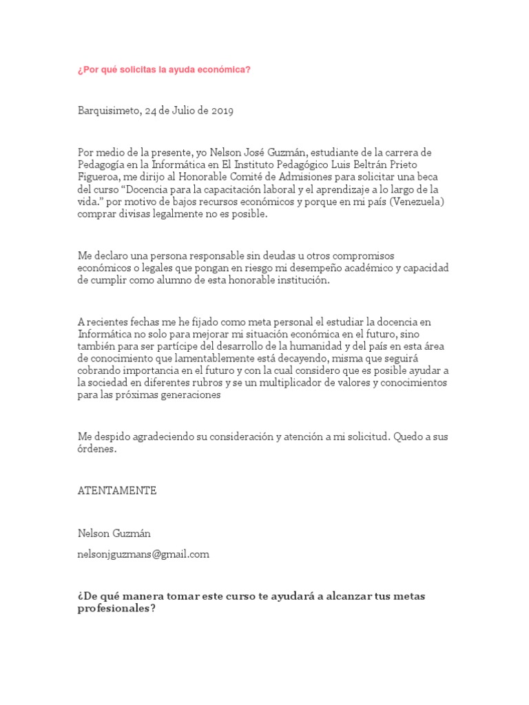 Ejemplo Carta para Solicitud de Beca Universitaria | PDF