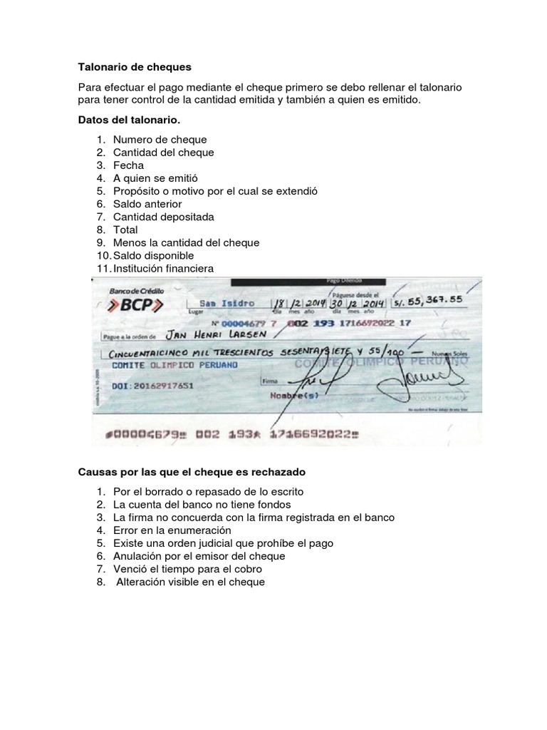 Ejemplo De Cheque Escrito