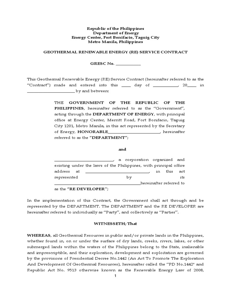 Geothermal RE Service Contract Philippines | PDF | Geothermal Energy ...