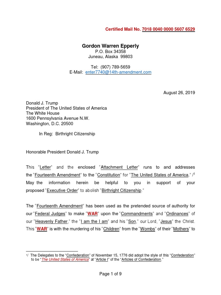 Letter - Birthrght Citizenship - (10!23!19) | PDF | United States