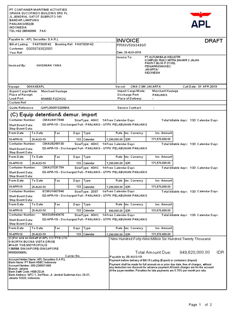 Invoice for PT Container Maritime Activities | PDF | Indonesian Rupiah ...