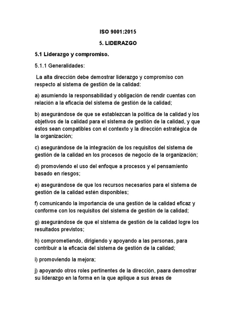 ISO 9001:2015 5. Liderazgo 5.1 Liderazgo y Compromiso | PDF | Gestión ...