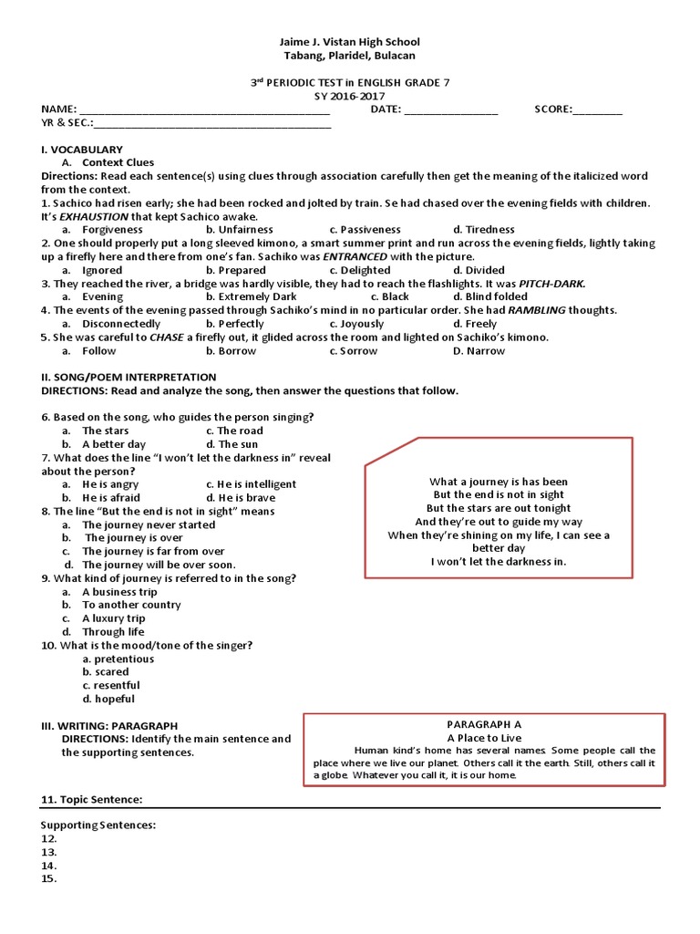Grade 7 English Periodic Test | PDF