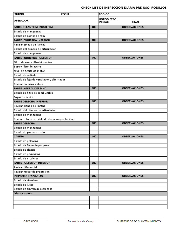 Check List Rodillo Compactador | PDF | Estilos de carrocería ...