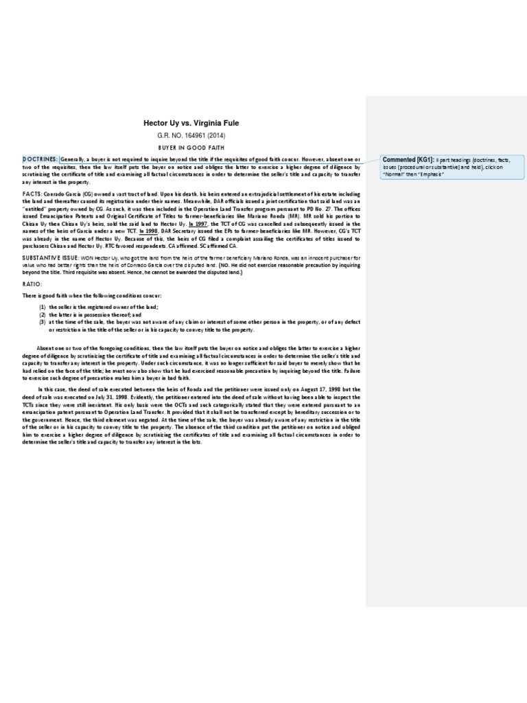 Hector Uy vs. Virginia Fule Commented (KG1) Download Free PDF