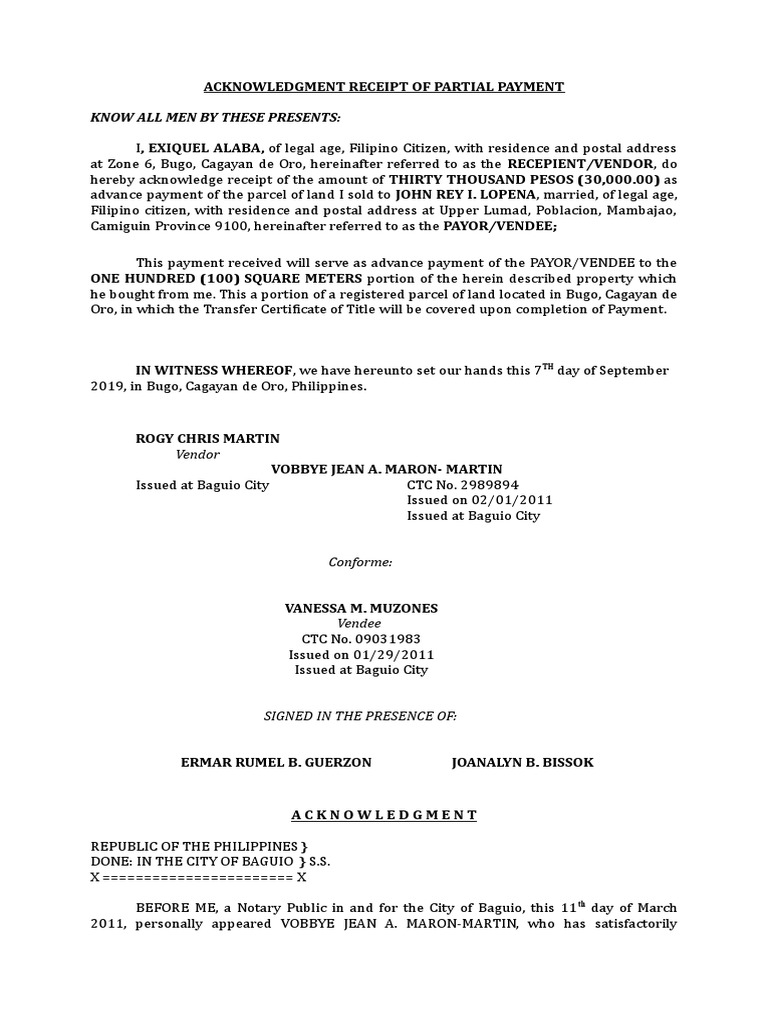 Acknowledgment receipt of partial payment official documents 