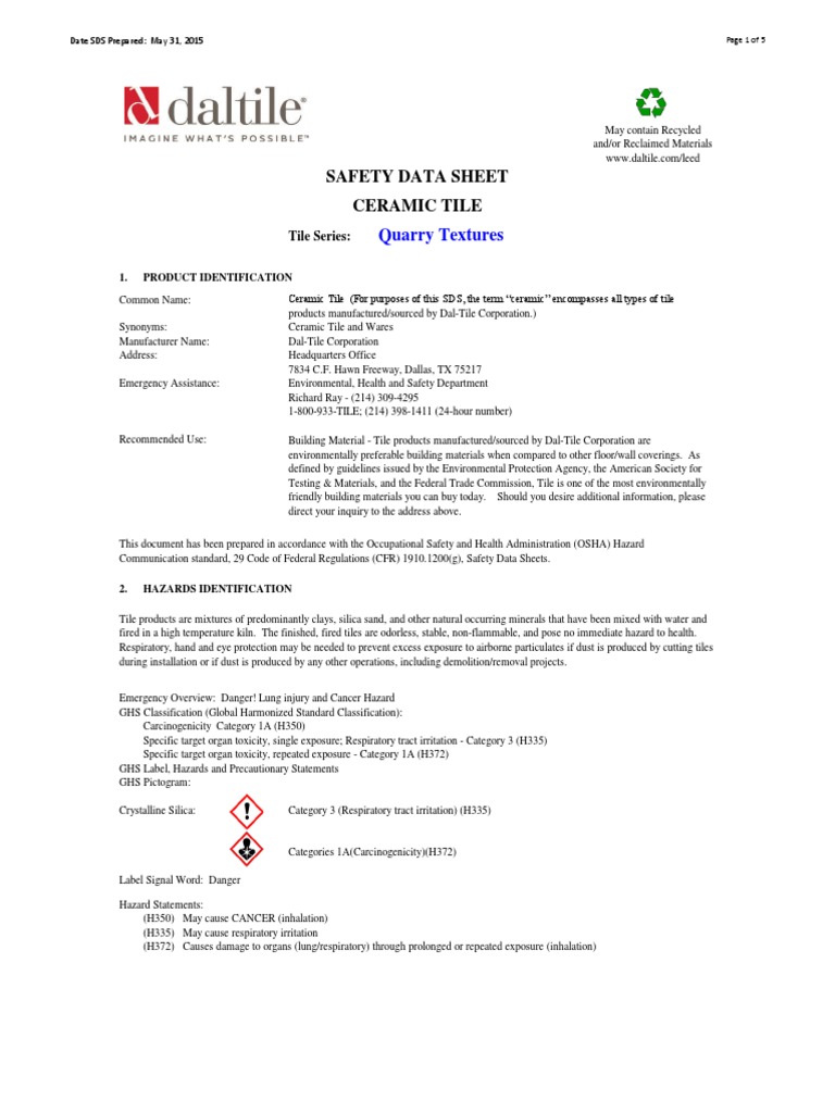 Safety Data Sheet Ceramic Tile Quarry Textures PDF Volatile