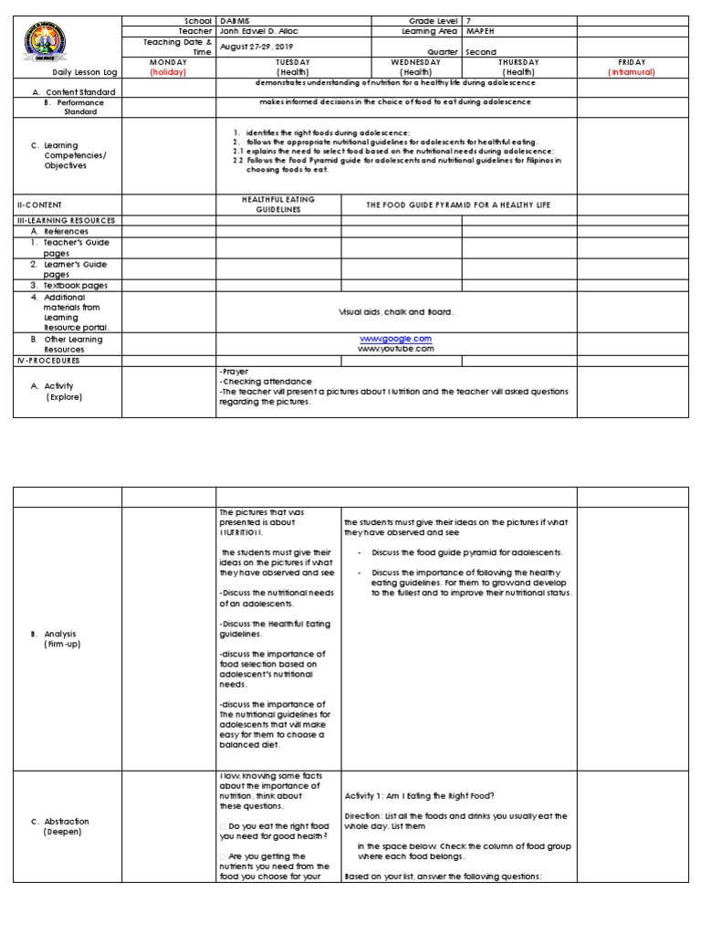 Grade 7 MAPEH Nutrition Lesson Plan | PDF | Eating | Nutrition