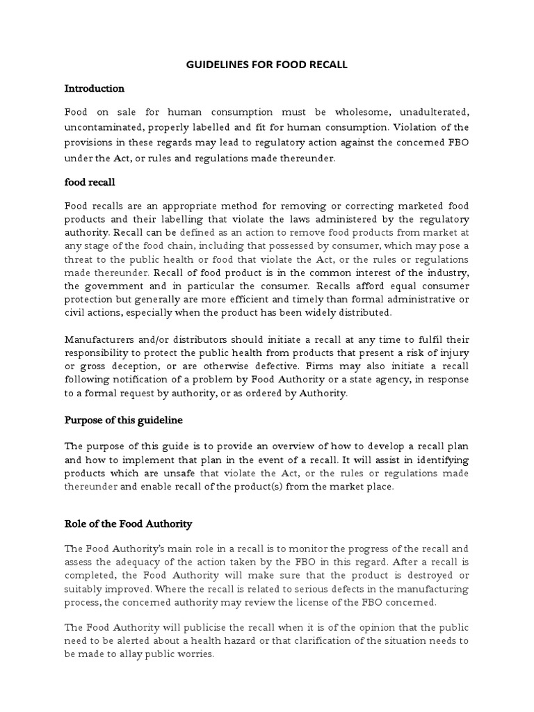 Guidelines Food Recall 28112017 PDF Food Safety Foods