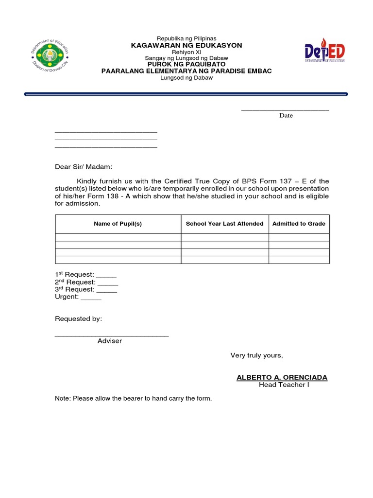 Request Letter for Form 137 Sample | PDF