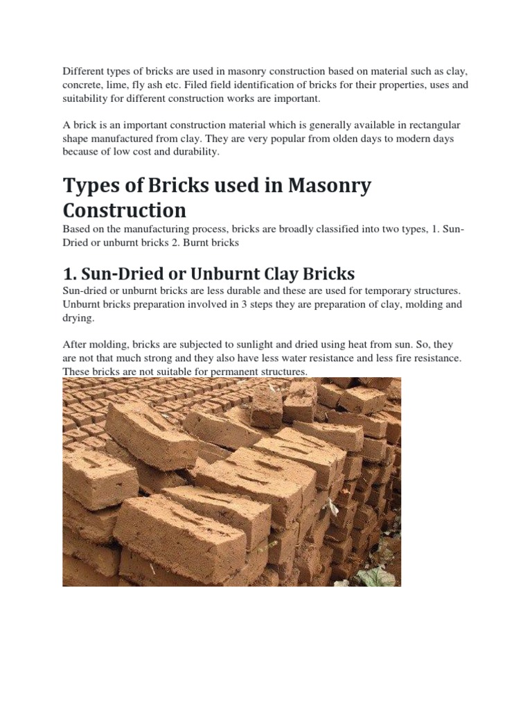 Types of Bricks in Masonry Construction | PDF | Science & Mathematics ...