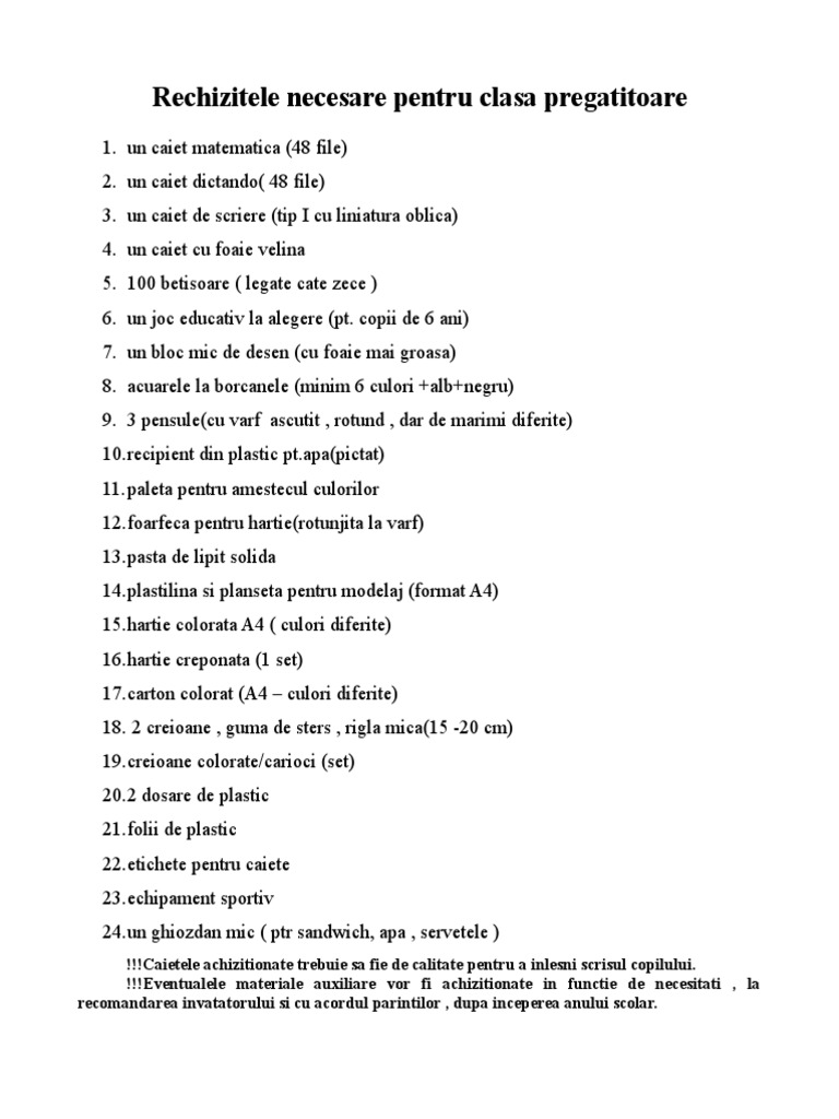 Lista Rechizite Clasa Pregatitoare
