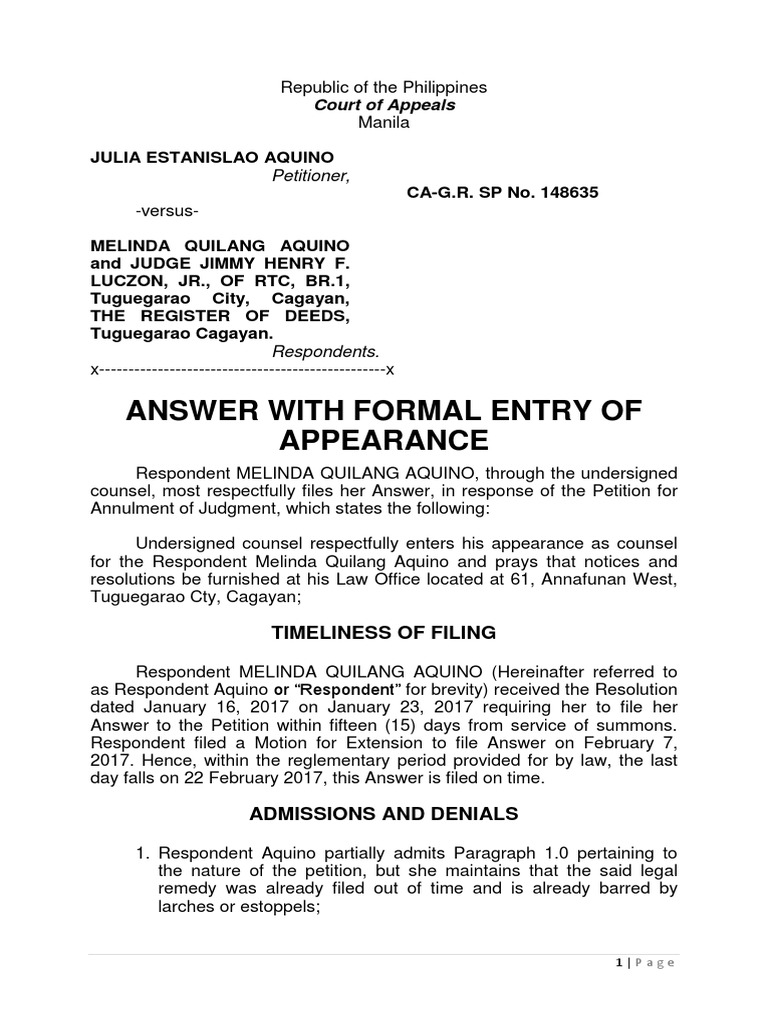Answer With Formal Entry of Appearance Julia Estanislao Aquino CAG.R