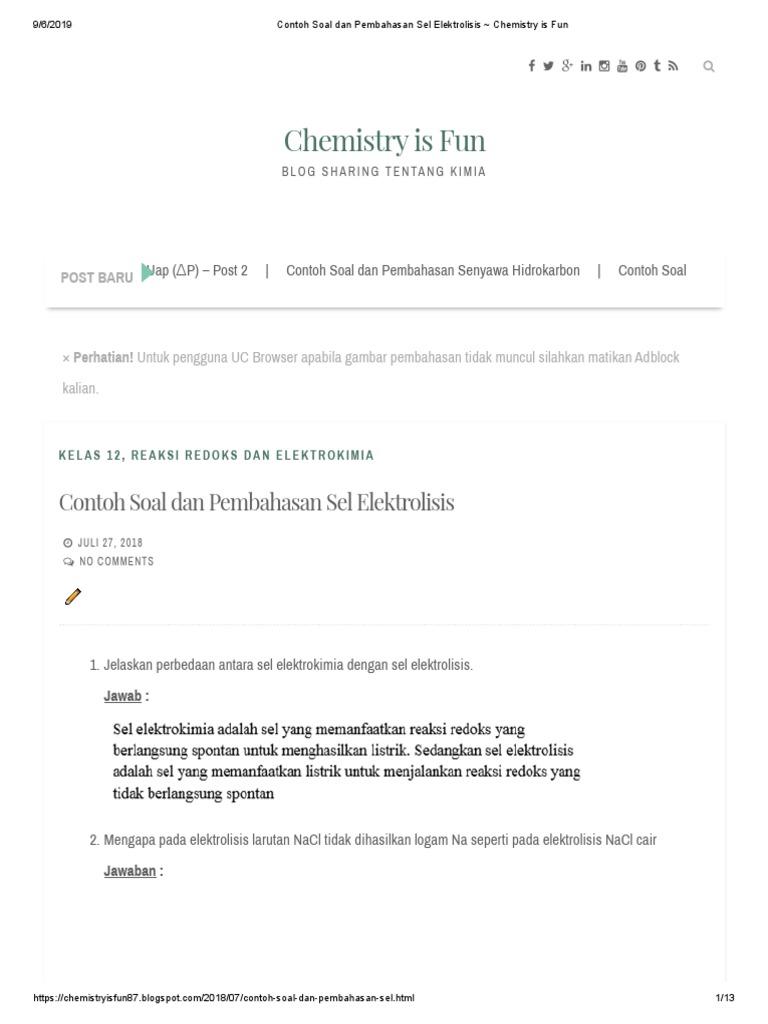Contoh Soal Dan Pembahasan Sel Elektrolisis Chemistry Is Fun