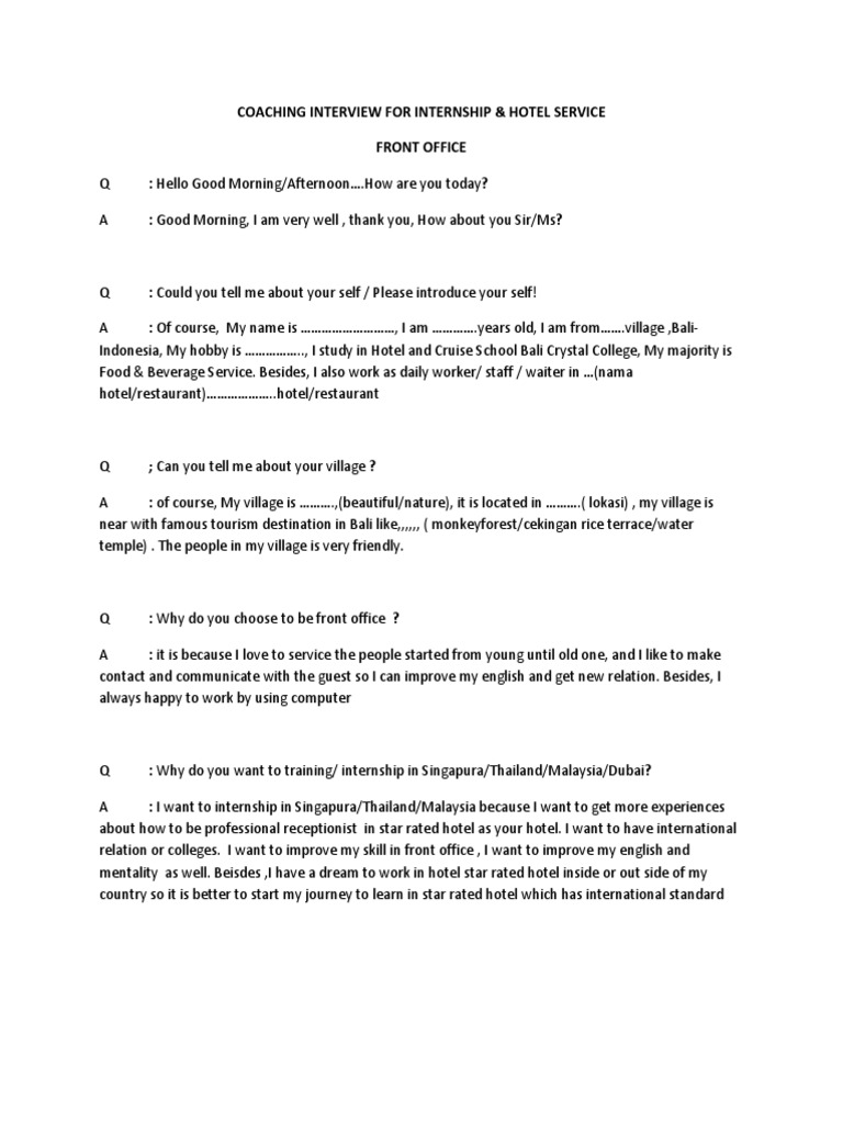 Front Office Internship Interview Guide | PDF | Hotel | Hotel And ...