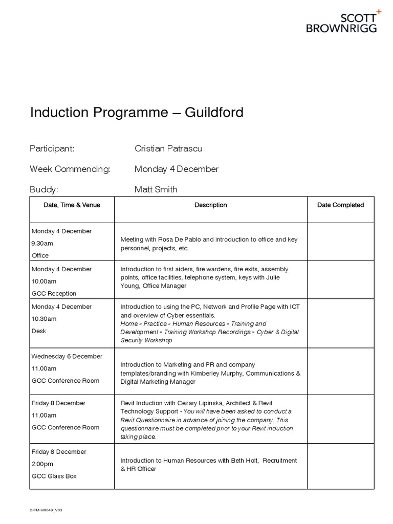 Induction Programme - Guildford: Participant: Cristian Patrascu Week ...