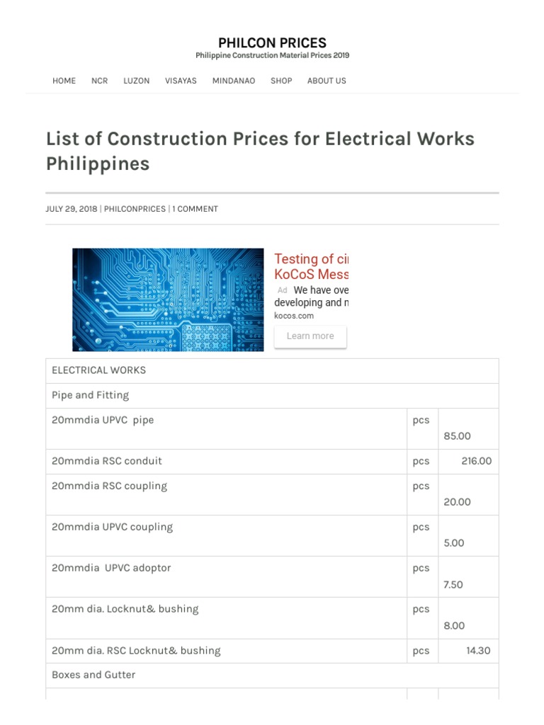 List of Construction Prices For Electrical Works Philippines PHILCON PRICES PDF Compact
