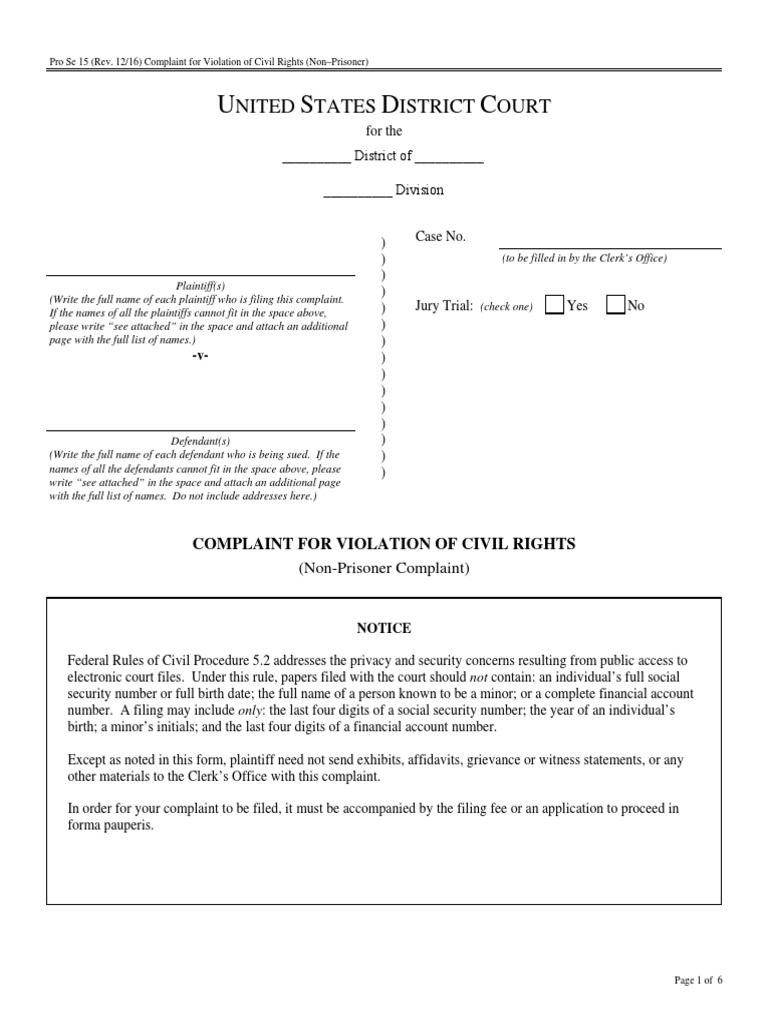 Civil Rights Complaint Form (Pro Se) | PDF | Complaint | Bivens V. Six ...