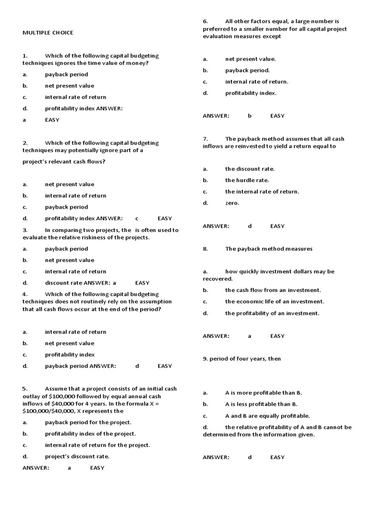 Multiple Choice Capital Budgeting Download Free Pdf Capital