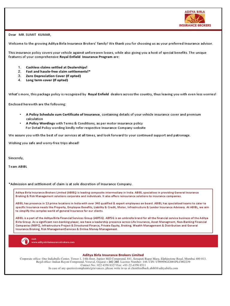 Aditya Birla Insurance Brokers Limited Insurance Insurance Policy