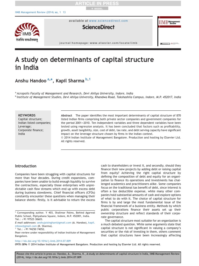 A Study On Determinants of Capital Structure in India: Sciencedirect ...